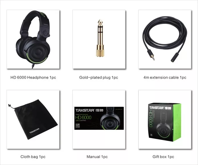 TAKSTAR HD6000 студийные наушники закрытого типа;  АЧХ 10 Гц - 25 кГц; Кабель 1,2м + удлинитель 4 м; В комплекте 6,3мм. адаптер-джек и чехол;