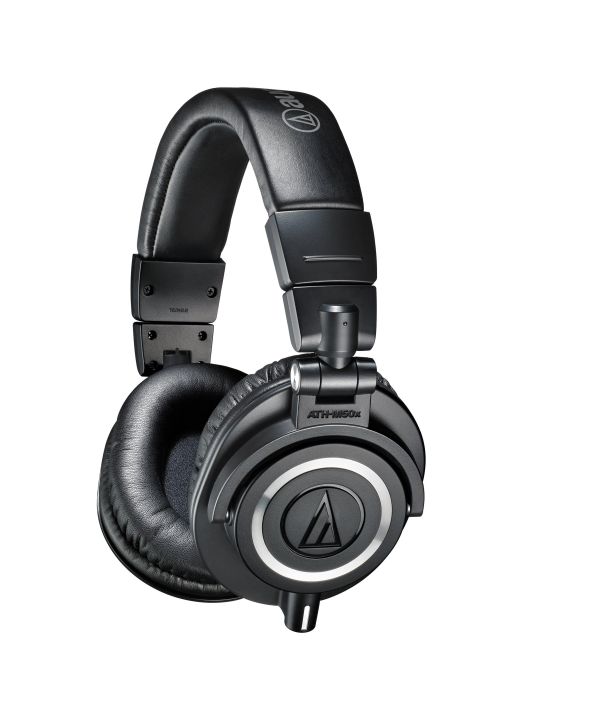 Audio-Technica ATH-M50X моніторні навушники закритого типу; Поворотна на 90 градусів конструкція чашок; Моніторинг одним вухом; Складна конструкция; В комплекті 3 кабелі, 6,3мм. адаптер-джек, чохол для зберігання; Вага 280 г.