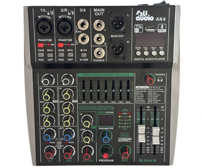 4all Audio AK4 мікшерний пульт, 2 моно+1 стерео, USB програвач, Bluetooth, DSP, фантомне живлення